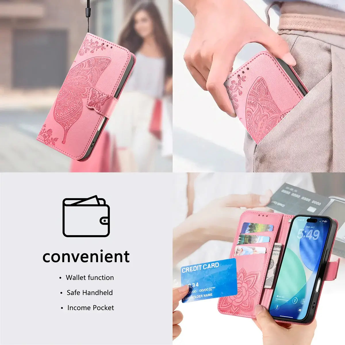 Buy Wallet Case for iPhone, Leather Flip Cover with Card Slots, Wrist Strap, Butterfly Embossed Design, Stand Feature - VANNY at Caseles-iPhone 17 Pro Max, Black