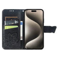 Buy Wallet Case for iPhone, Leather Flip Cover with Card Slots, Wrist Strap, Butterfly Embossed Design, Stand Feature - VANNY at Caseles-iPhone 16 Pro Max, Black