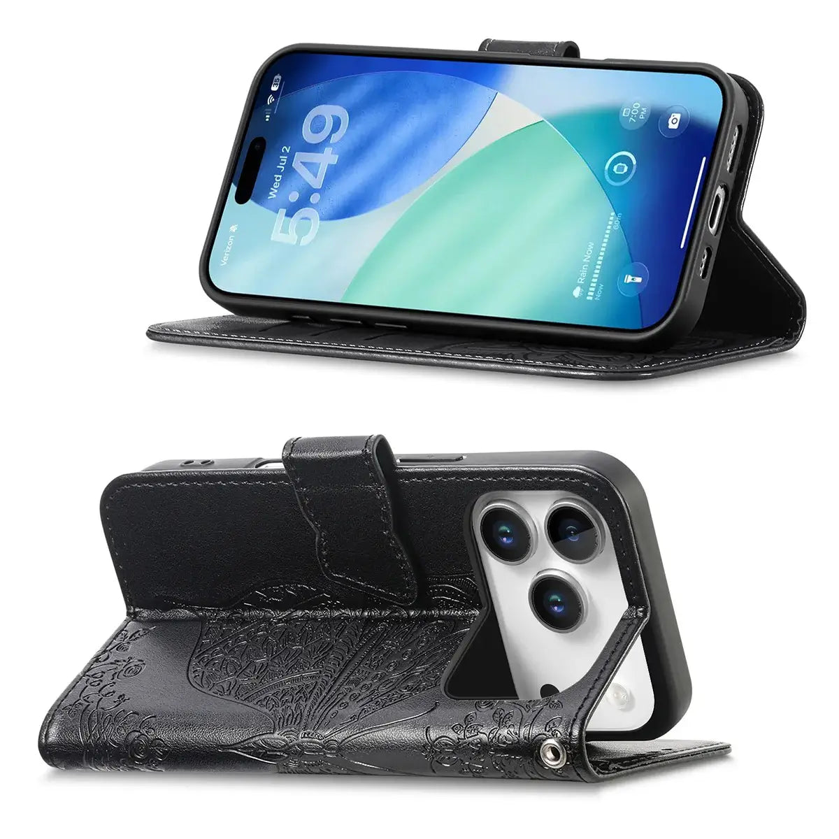 Buy Wallet Case for iPhone, Leather Flip Cover with Card Slots, Wrist Strap, Butterfly Embossed Design, Stand Feature - VANNY at Caseles-iPhone 17 Pro Max, Black