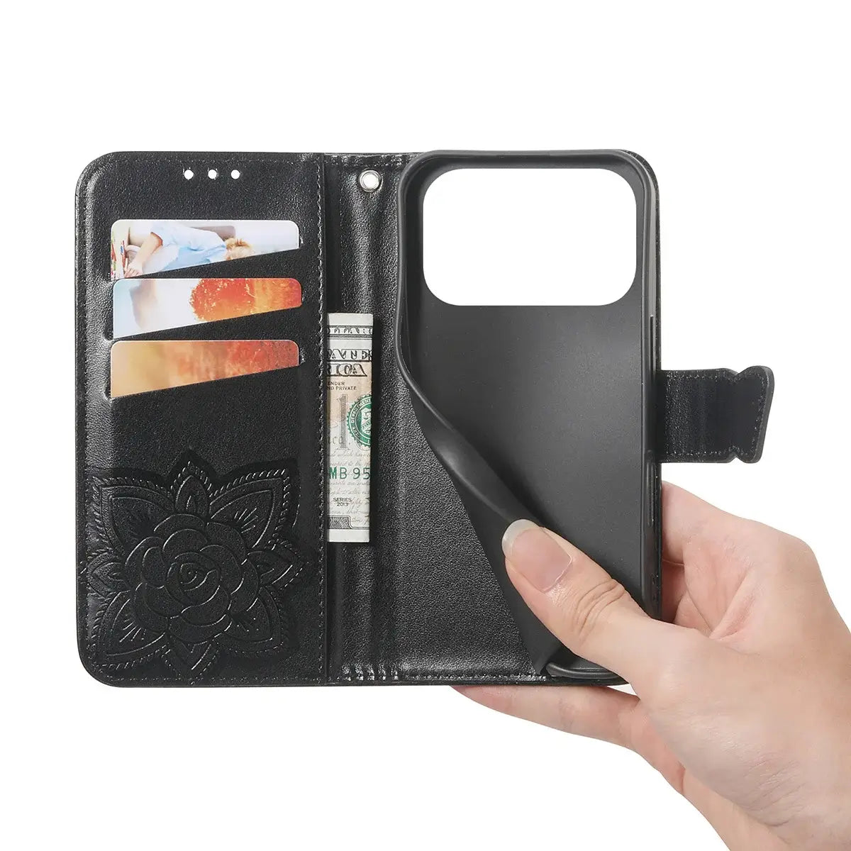 Buy Wallet Case for iPhone, Leather Flip Cover with Card Slots, Wrist Strap, Butterfly Embossed Design, Stand Feature - VANNY at Caseles-iPhone 17 Pro Max, Black