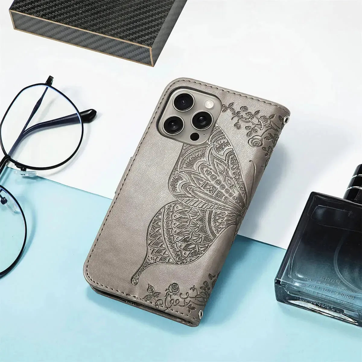 Buy Wallet Case for iPhone, Leather Flip Cover with Card Slots, Wrist Strap, Butterfly Embossed Design, Stand Feature - VANNY at Caseles-iPhone 16 Pro Max, Black