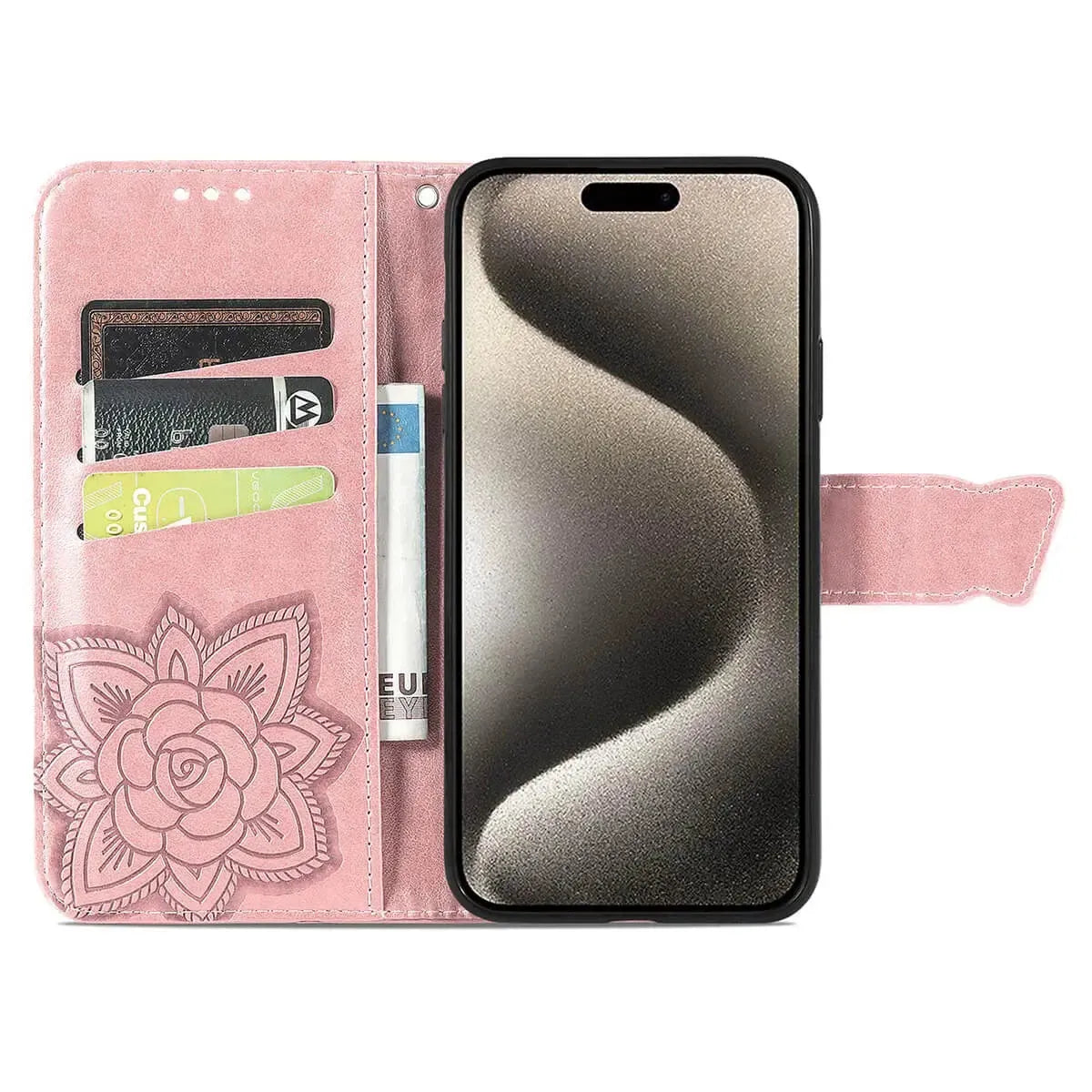 Buy Wallet Case for iPhone, Leather Flip Cover with Card Slots, Wrist Strap, Butterfly Embossed Design, Stand Feature - VANNY at Caseles-iPhone 16 Pro Max, Black