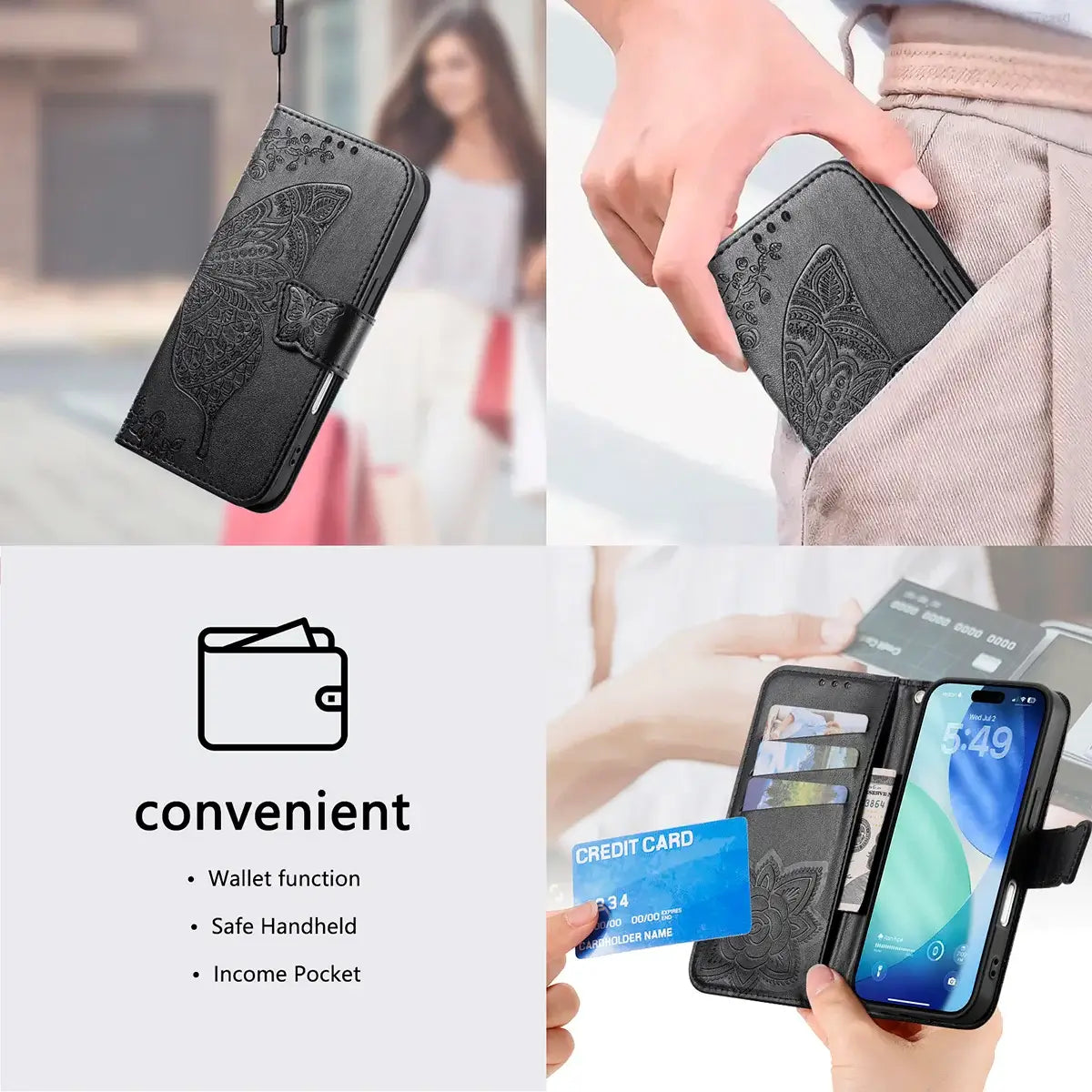 Buy Wallet Case for iPhone, Leather Flip Cover with Card Slots, Wrist Strap, Butterfly Embossed Design, Stand Feature - VANNY at Caseles-iPhone 17 Pro Max, Black