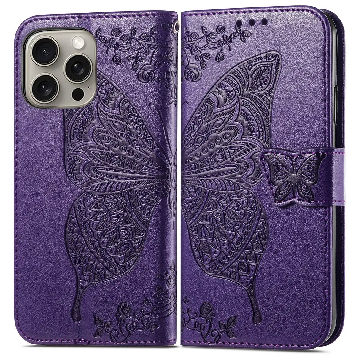 Buy Wallet Case for iPhone, Leather Flip Cover with Card Slots, Wrist Strap, Butterfly Embossed Design, Stand Feature - VANNY at Caseles-iPhone 17 Pro Max, Black