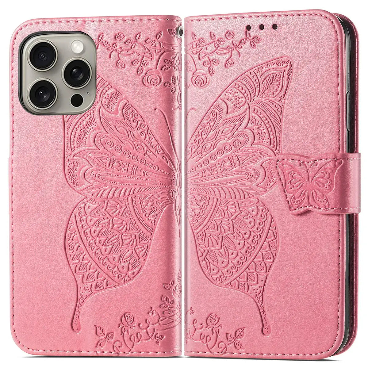 Buy Wallet Case for iPhone, Leather Flip Cover with Card Slots, Wrist Strap, Butterfly Embossed Design, Stand Feature - VANNY at Caseles-iPhone 17 Pro Max, Black