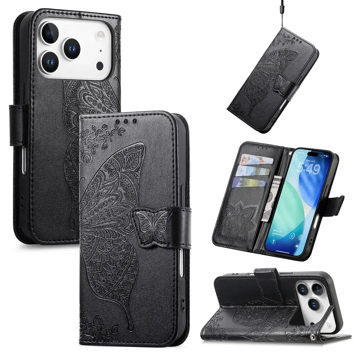Buy Wallet Case for iPhone, Leather Flip Cover with Card Slots, Wrist Strap, Butterfly Embossed Design, Stand Feature - VANNY at Caseles-iPhone 17 Pro Max, Black