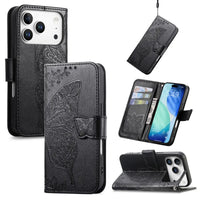Buy Wallet Case for iPhone, Leather Flip Cover with Card Slots, Wrist Strap, Butterfly Embossed Design, Stand Feature - VANNY at Caseles-iPhone 17 Pro Max, Black