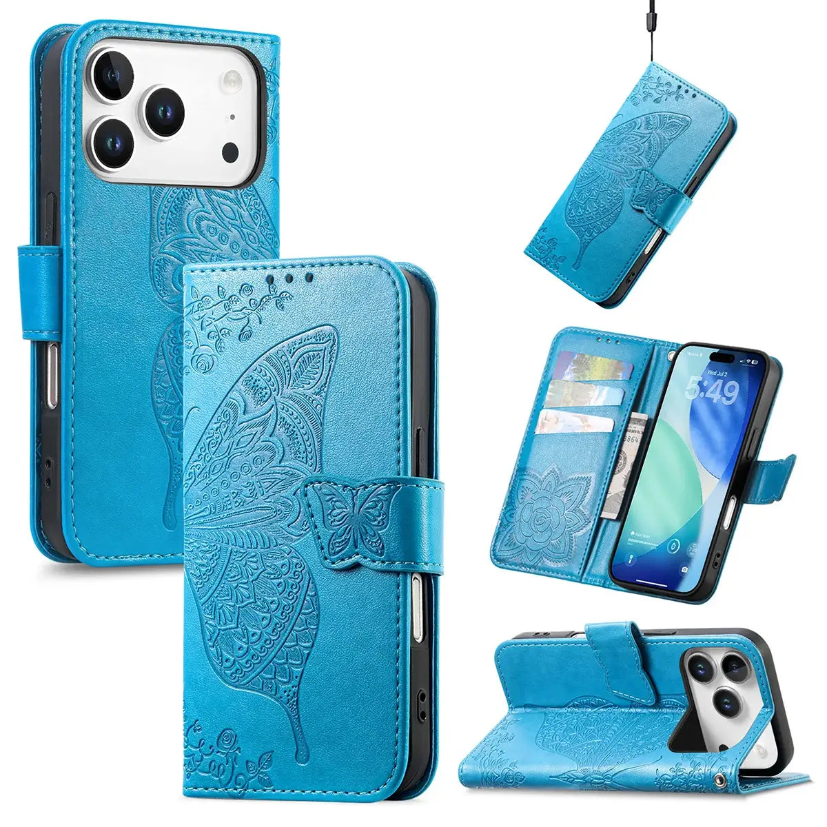 Buy Wallet Case for iPhone, Leather Flip Cover with Card Slots, Wrist Strap, Butterfly Embossed Design, Stand Feature - VANNY at Caseles-iPhone 17 Pro Max, Blue