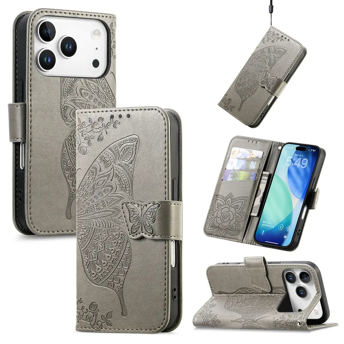 Buy Wallet Case for iPhone, Leather Flip Cover with Card Slots, Wrist Strap, Butterfly Embossed Design, Stand Feature - VANNY at Caseles-iPhone 17 Pro Max, Grey