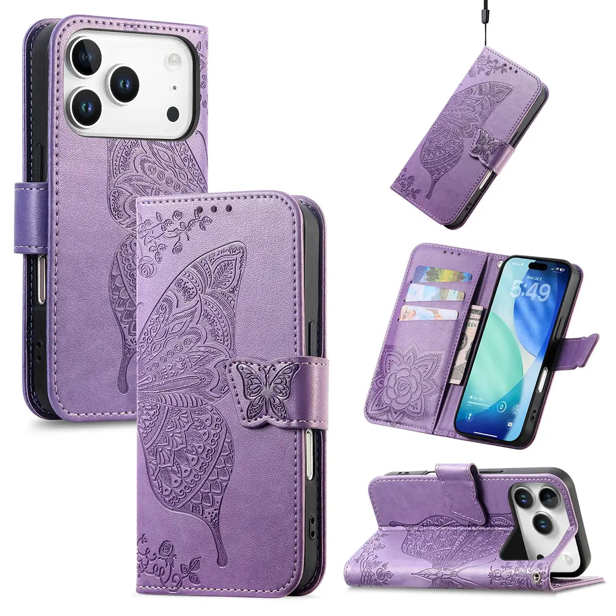 Buy Wallet Case for iPhone, Leather Flip Cover with Card Slots, Wrist Strap, Butterfly Embossed Design, Stand Feature - VANNY at Caseles-iPhone 17 Pro Max, Light Purple