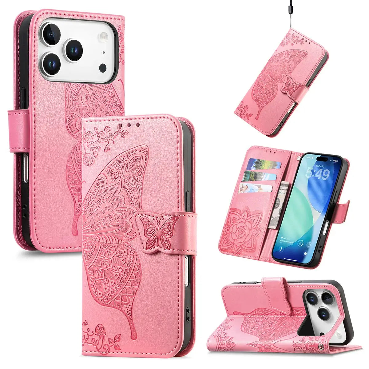Buy Wallet Case for iPhone, Leather Flip Cover with Card Slots, Wrist Strap, Butterfly Embossed Design, Stand Feature - VANNY at Caseles-iPhone 17 Pro Max, Pink