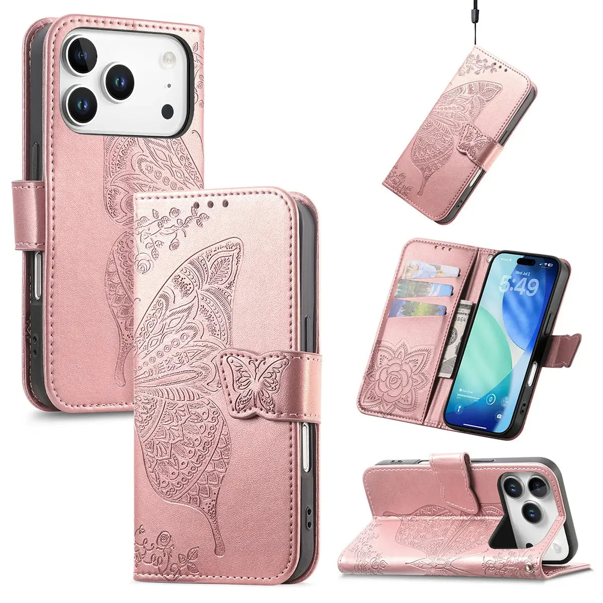 Buy Wallet Case for iPhone, Leather Flip Cover with Card Slots, Wrist Strap, Butterfly Embossed Design, Stand Feature - VANNY at Caseles-iPhone 17 Pro Max, Rose Gold