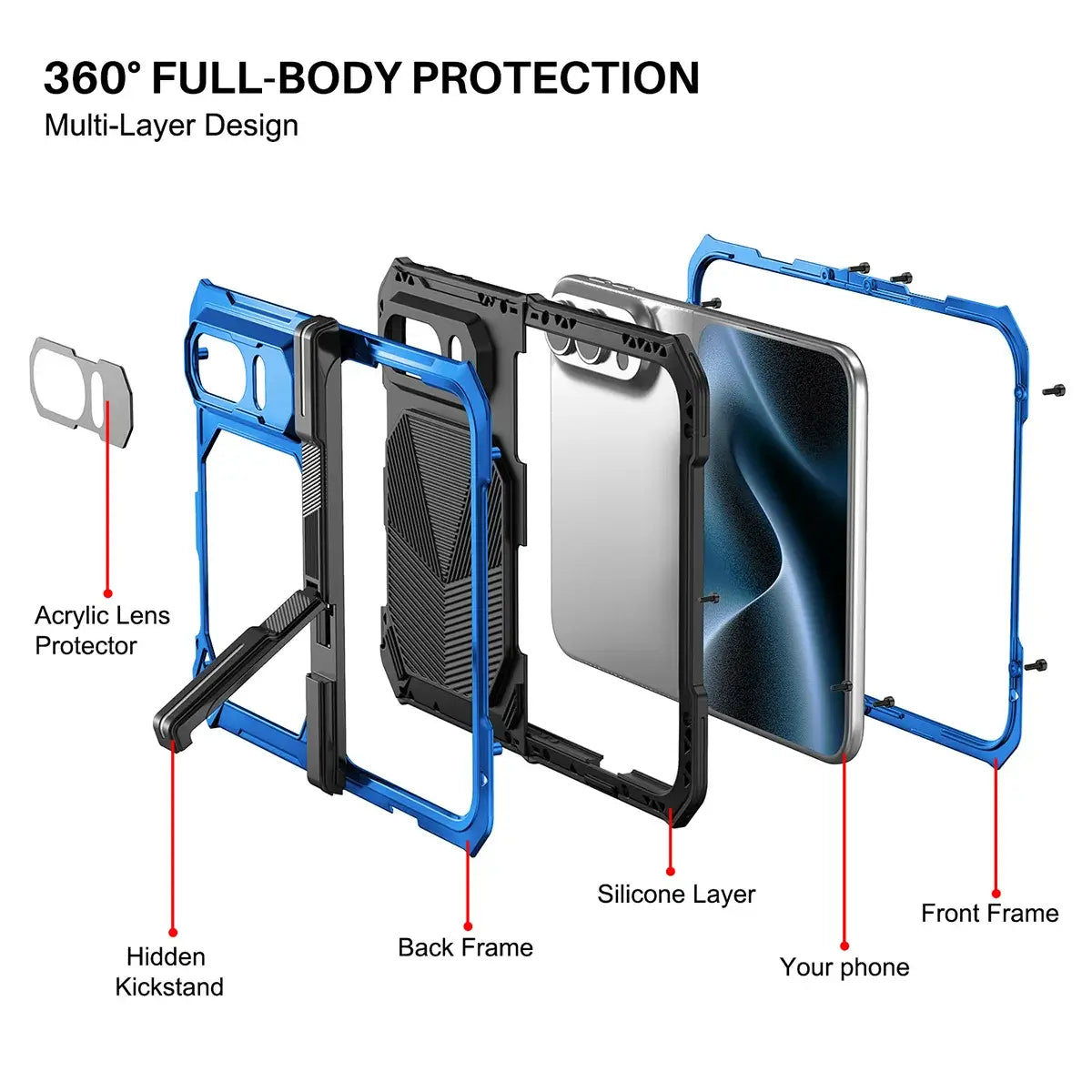 Buy Heavy-Duty Magnetic Case with Built-In PET Screen Protector, Hidden Hinge Kickstand & 18FT Drop Defense - VAUX at Caseles-iPhone Ultra, Black
