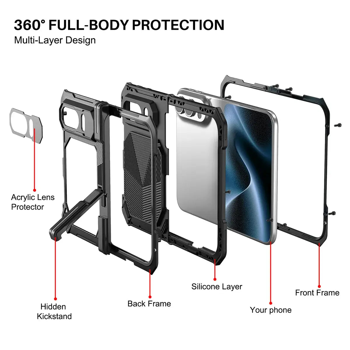 Buy Heavy-Duty Magnetic Case with Built-In PET Screen Protector, Hidden Hinge Kickstand & 18FT Drop Defense - VAUX at Caseles-iPhone Ultra, Black