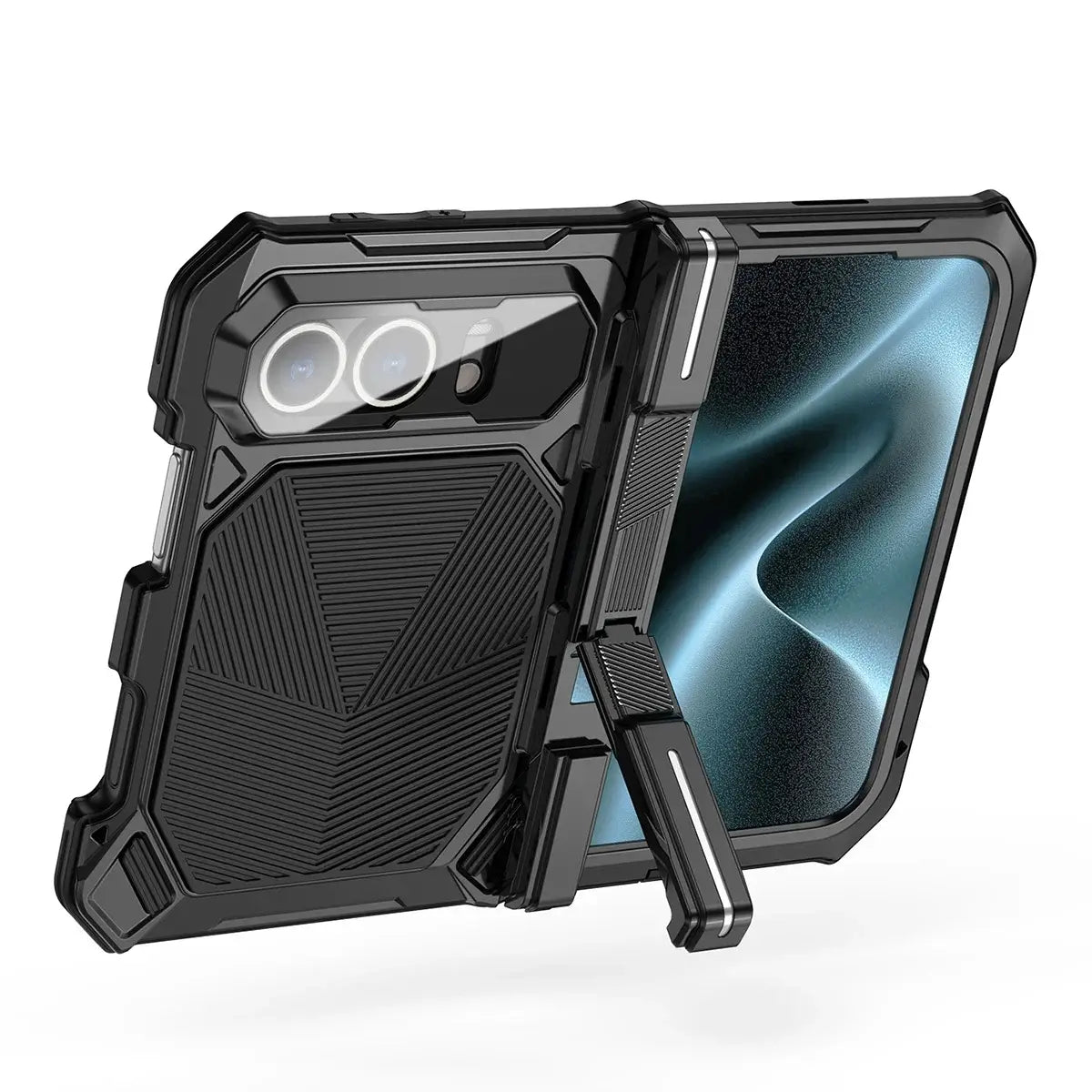 Buy Heavy-Duty Magnetic Case with Built-In PET Screen Protector, Hidden Hinge Kickstand & 18FT Drop Defense - VAUX at Caseles-iPhone Ultra, Black