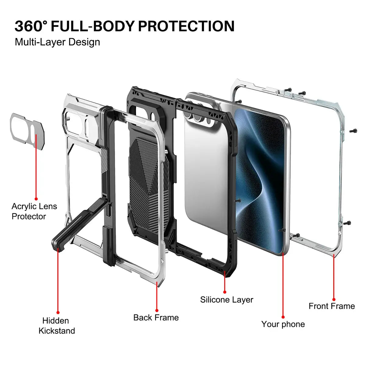 Buy Heavy-Duty Magnetic Case with Built-In PET Screen Protector, Hidden Hinge Kickstand & 18FT Drop Defense - VAUX at Caseles-iPhone Ultra, Black