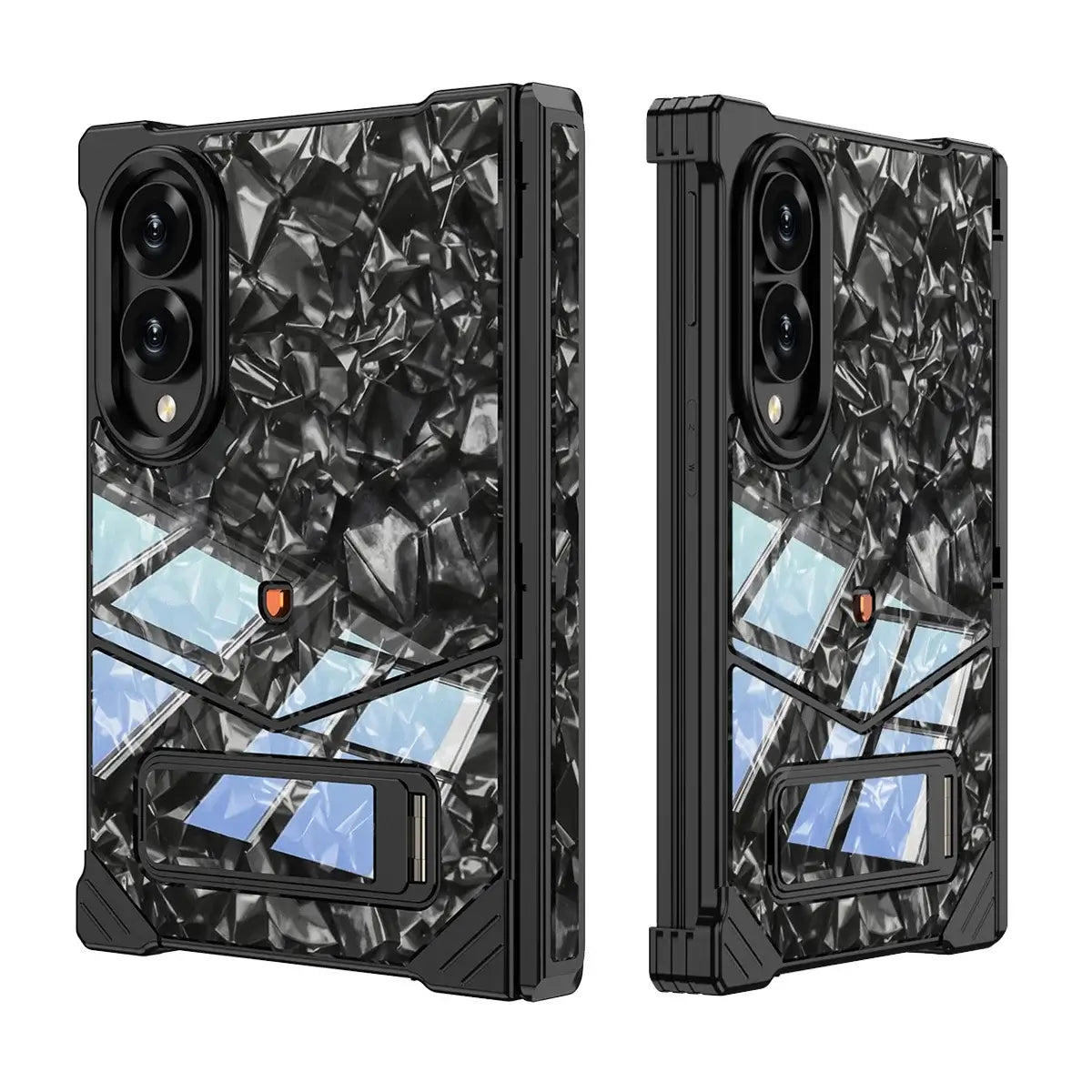 Buy Luxury Marble Texture Case with Metal Edge Frame, Spring Hinge Protection, Integrated Kickstand & Magnetic Ring, vein at Caseles-Samsung Galaxy Z Fold 8, Black