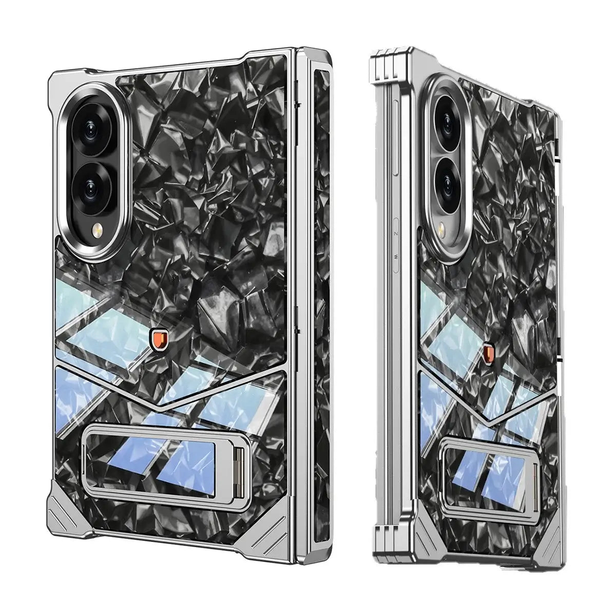 Buy Luxury Marble Texture Case with Metal Edge Frame, Spring Hinge Protection, Integrated Kickstand & Magnetic Ring, vein at Caseles-Samsung Galaxy Z Fold 8, Silver