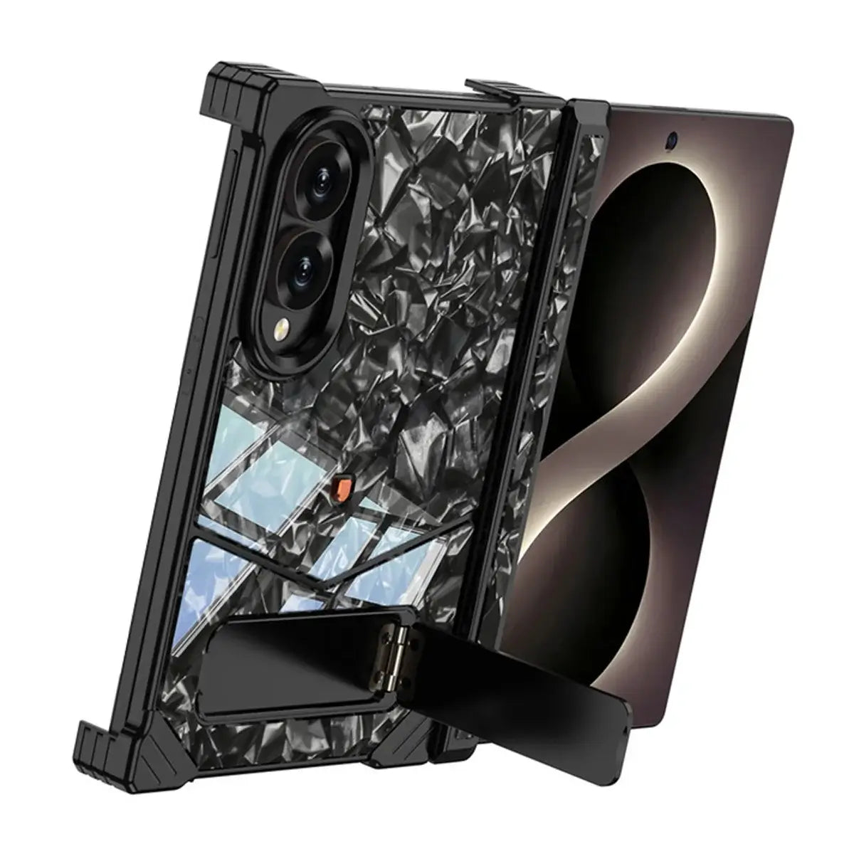 Buy Luxury Marble Texture Case with Metal Edge Frame, Spring Hinge Protection, Integrated Kickstand & Magnetic Ring, vein at Caseles-Samsung Galaxy Z Fold 8 Ultra, Black