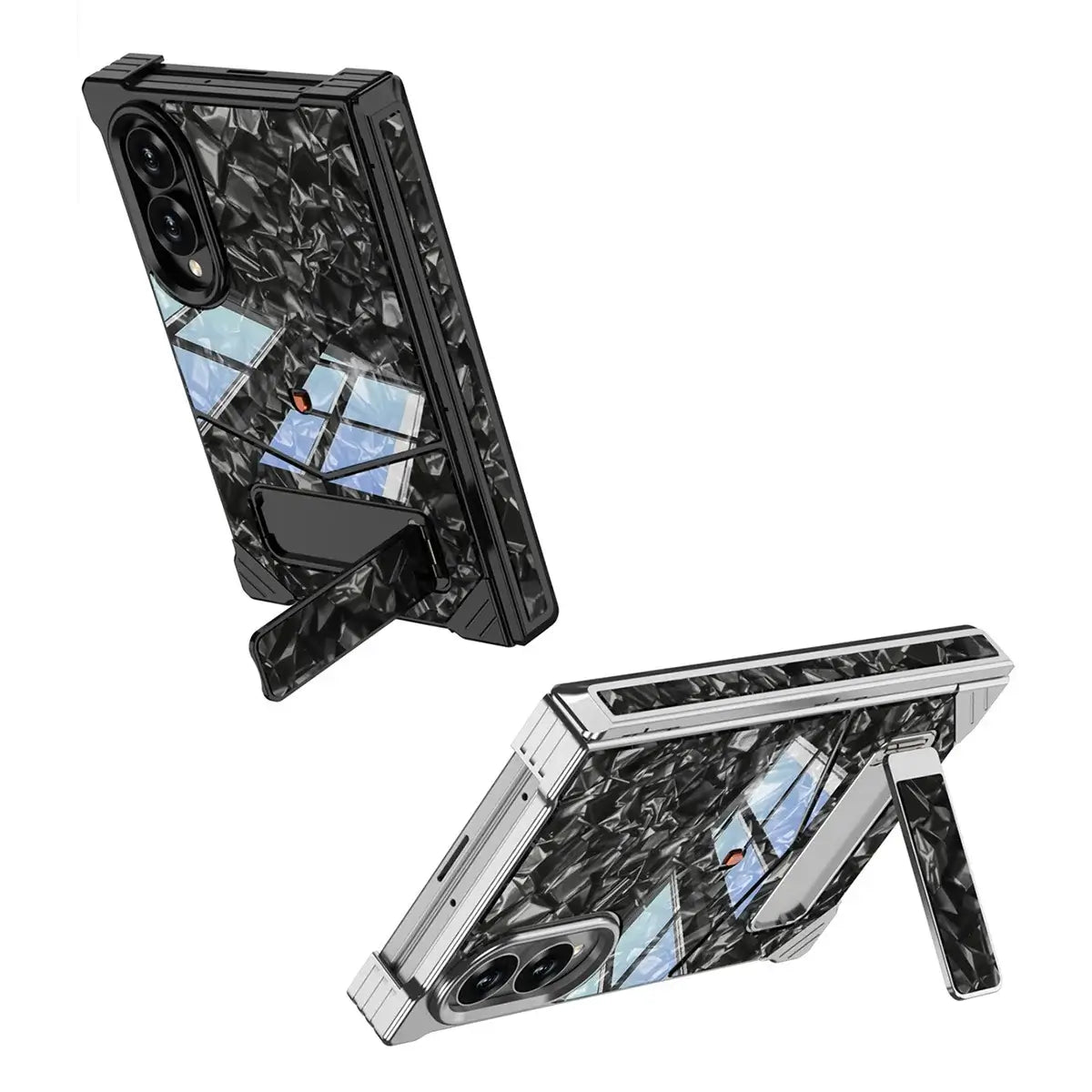 Buy Luxury Marble Texture Case with Metal Edge Frame, Spring Hinge Protection, Integrated Kickstand & Magnetic Ring, vein at Caseles-Samsung Galaxy Z Fold 8 Ultra, Black