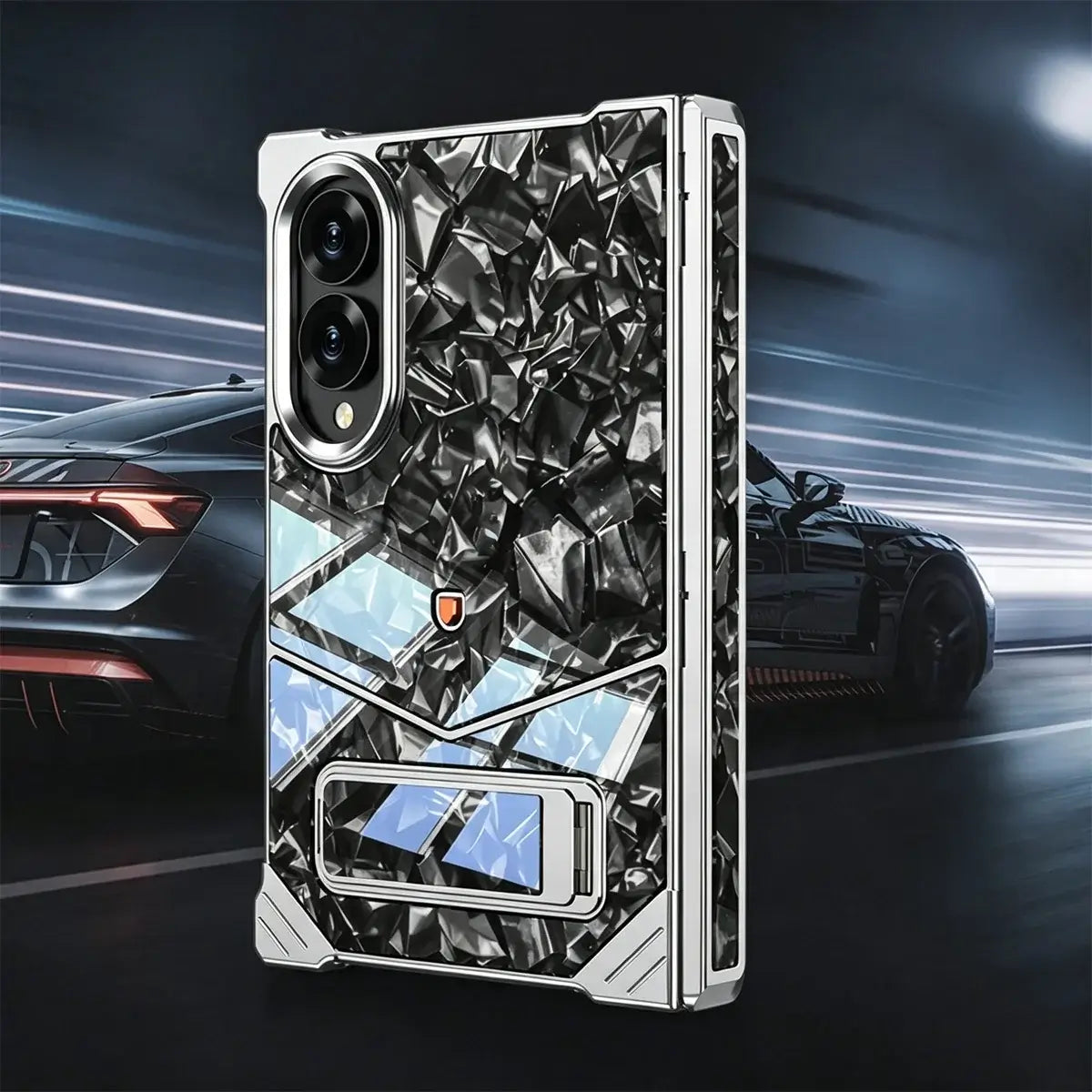 Buy Luxury Marble Texture Case with Metal Edge Frame, Spring Hinge Protection, Integrated Kickstand & Magnetic Ring, vein at Caseles-Samsung Galaxy Z Fold 8 Ultra, Black