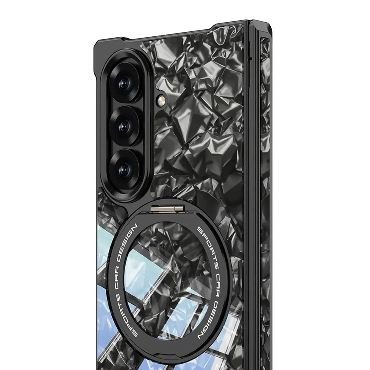 Buy Luxury Marble Texture Case with Metal Edge Frame, Spring Hinge Protection, Integrated Kickstand & Magnetic Ring, vein at Caseles-Samsung Galaxy Z Fold 8 Ultra, Black