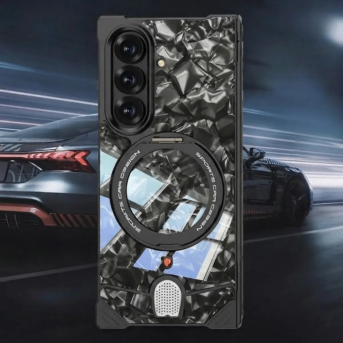 Buy Luxury Marble Texture Case with Metal Edge Frame, Spring Hinge Protection, Integrated Kickstand & Magnetic Ring, vein at Caseles-Samsung Galaxy Z Fold 8 Ultra, Black