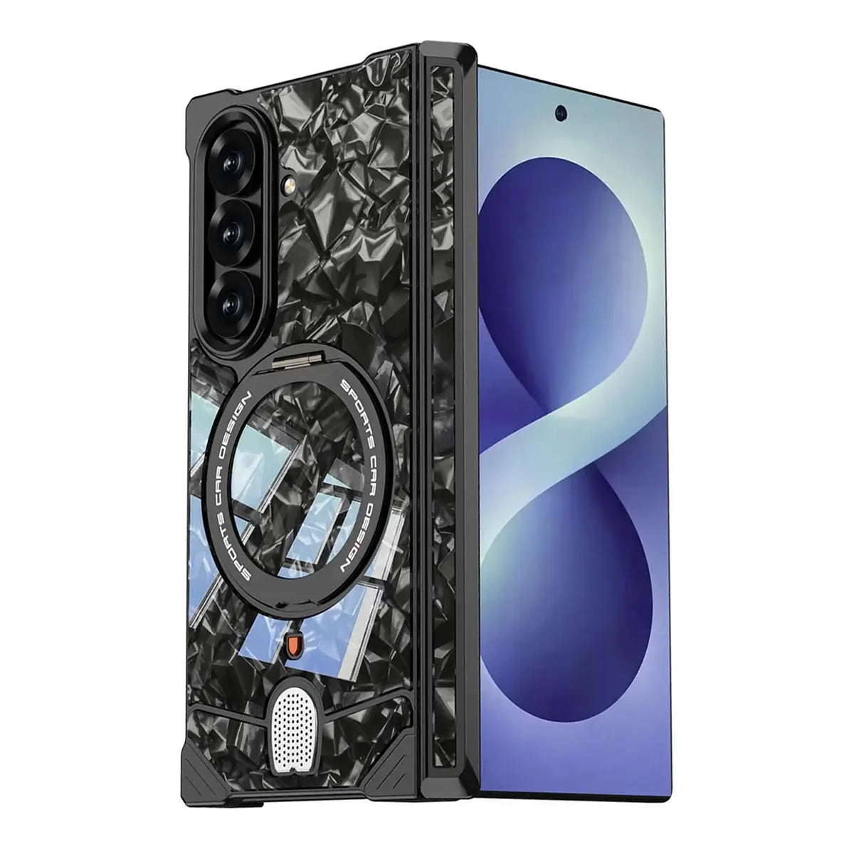 Buy Luxury Marble Texture Case with Metal Edge Frame, Spring Hinge Protection, Integrated Kickstand & Magnetic Ring, vein at Caseles-Samsung Galaxy Z Fold 8 Ultra, Black