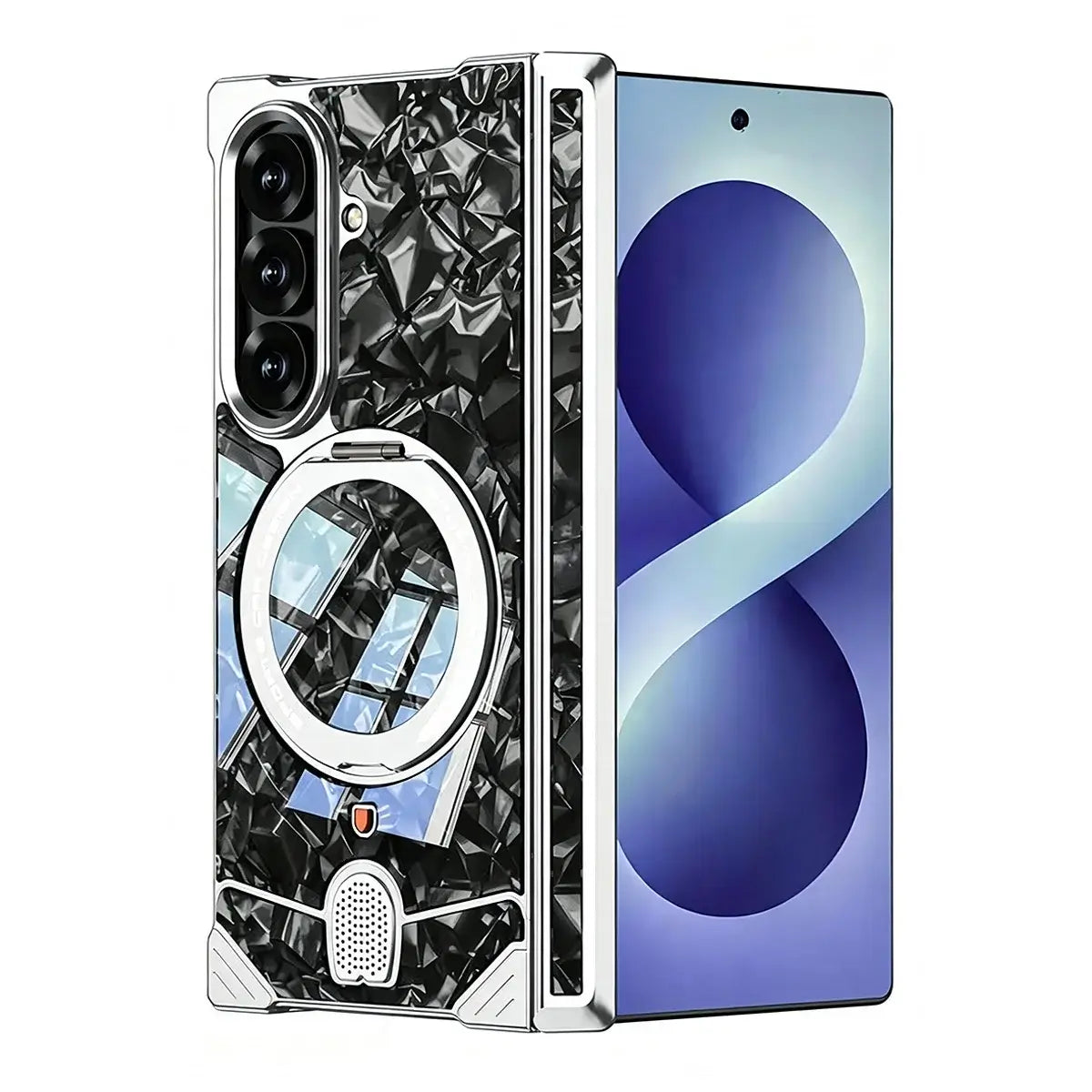 Buy Luxury Marble Texture Case with Metal Edge Frame, Spring Hinge Protection, Integrated Kickstand & Magnetic Ring, vein at Caseles-Samsung Galaxy Z Fold 8 Ultra, Silver
