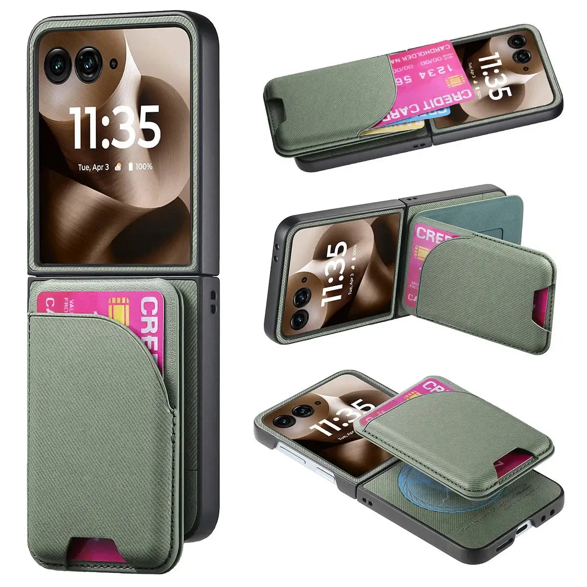 Buy Magnetic Detachable Wallet Case for Motorola Moto Razr, Slim Leather Flip Cover with 3 Card Slots and Kickstand, Wireless Charging Compatible Shockproof Case - Vell at Caseles-Motorola Razr Ultra (2025), Green