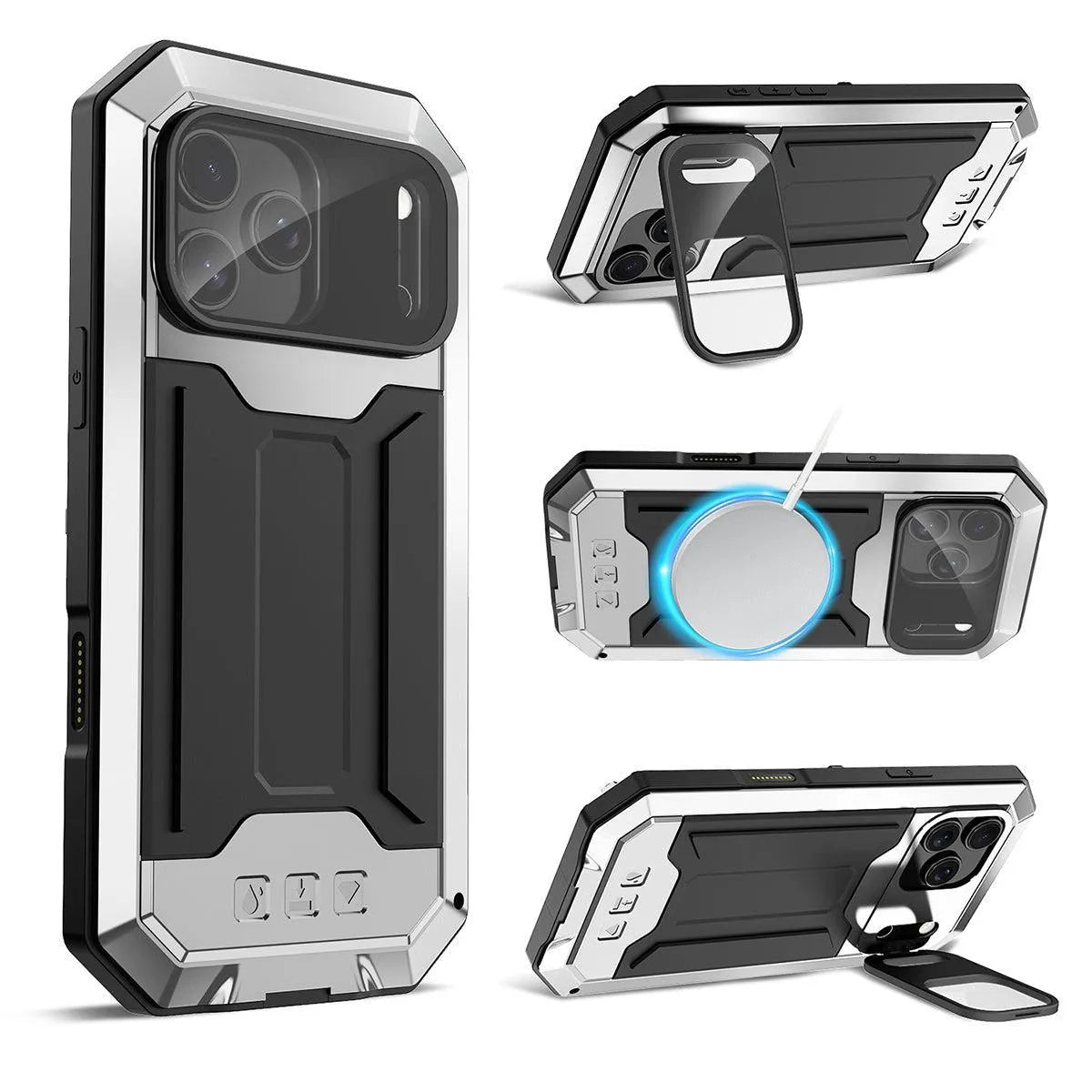 Buy iPhone Heavy Duty Metal Case with 360° Full Body Protection, Sliding Camera Cover, Built-in Screen Protector, Shockproof & Dustproof Armor Phone Cover - Warren at Caseles-iPhone 17 Pro Max, Silver