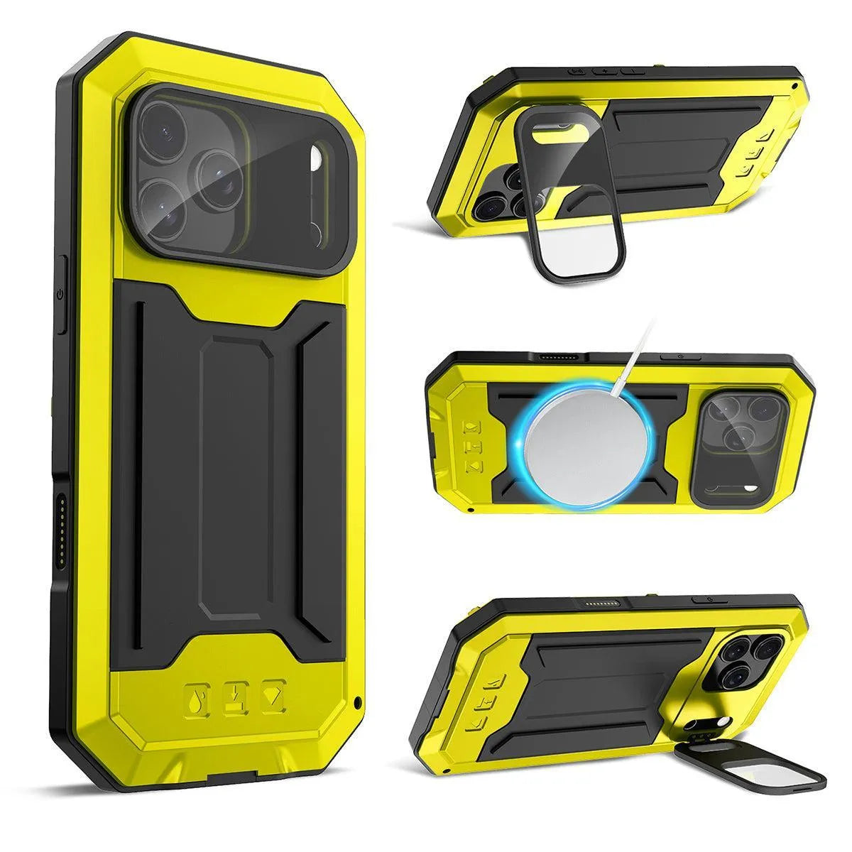 Buy iPhone Heavy Duty Metal Case with 360° Full Body Protection, Sliding Camera Cover, Built-in Screen Protector, Shockproof & Dustproof Armor Phone Cover - Warren at Caseles-iPhone 17 Pro Max, yellow