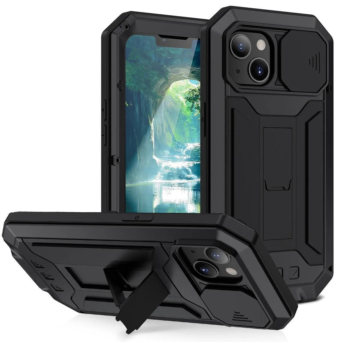 Buy iPhone Heavy Duty Metal Case with 360° Full Body Protection, Sliding Camera Cover, Built-in Screen Protector, Shockproof & Dustproof Armor Phone Cover - Warren at Caseles-iPhone 16 Pro Max, Black