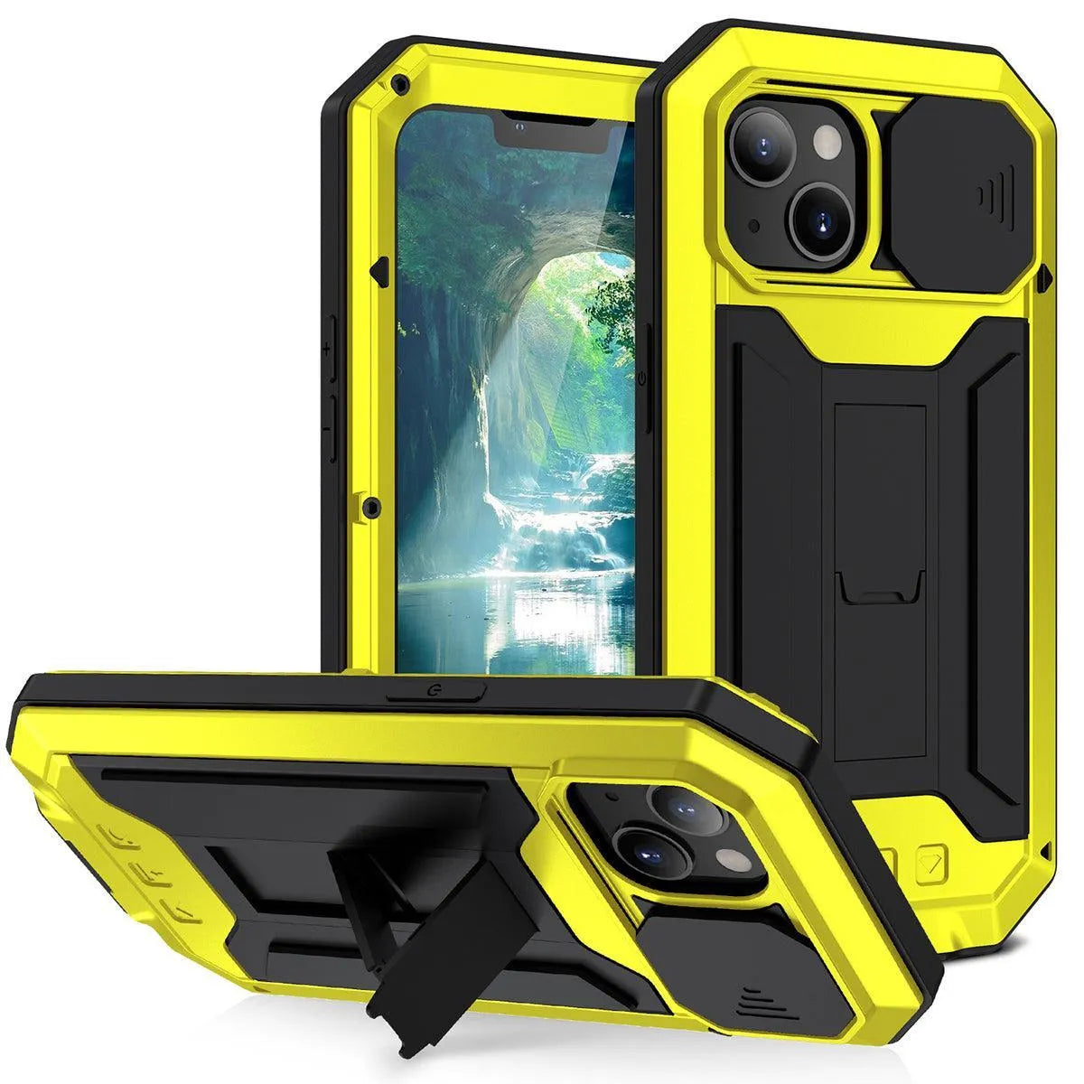 Buy iPhone Heavy Duty Metal Case with 360° Full Body Protection, Sliding Camera Cover, Built-in Screen Protector, Shockproof & Dustproof Armor Phone Cover - Warren at Caseles-iPhone 16 Pro Max, yellow