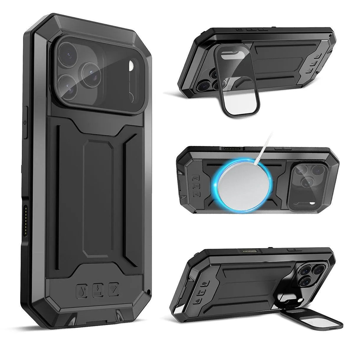 Buy iPhone Heavy Duty Metal Case with 360° Full Body Protection, Sliding Camera Cover, Built-in Screen Protector, Shockproof & Dustproof Armor Phone Cover - Warren at Caseles-iPhone 17 Pro Max, Black