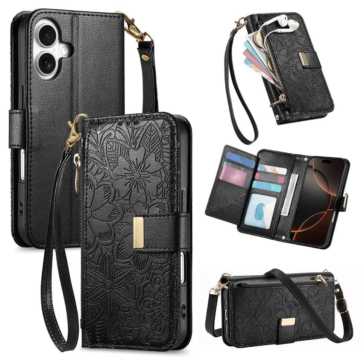 Buy PU Leather Wallet iPhone 17 Case with Card Slots, Wrist Strap, Stand, and Full Shockproof Protection, Willow at Caseles-iPhone 17 Pro Max, Black