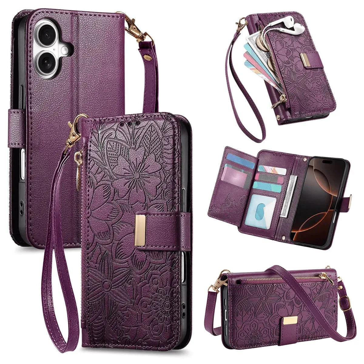 Buy PU Leather Wallet iPhone 17 Case with Card Slots, Wrist Strap, Stand, and Full Shockproof Protection, Willow at Caseles-iPhone 17 Pro Max, Purple