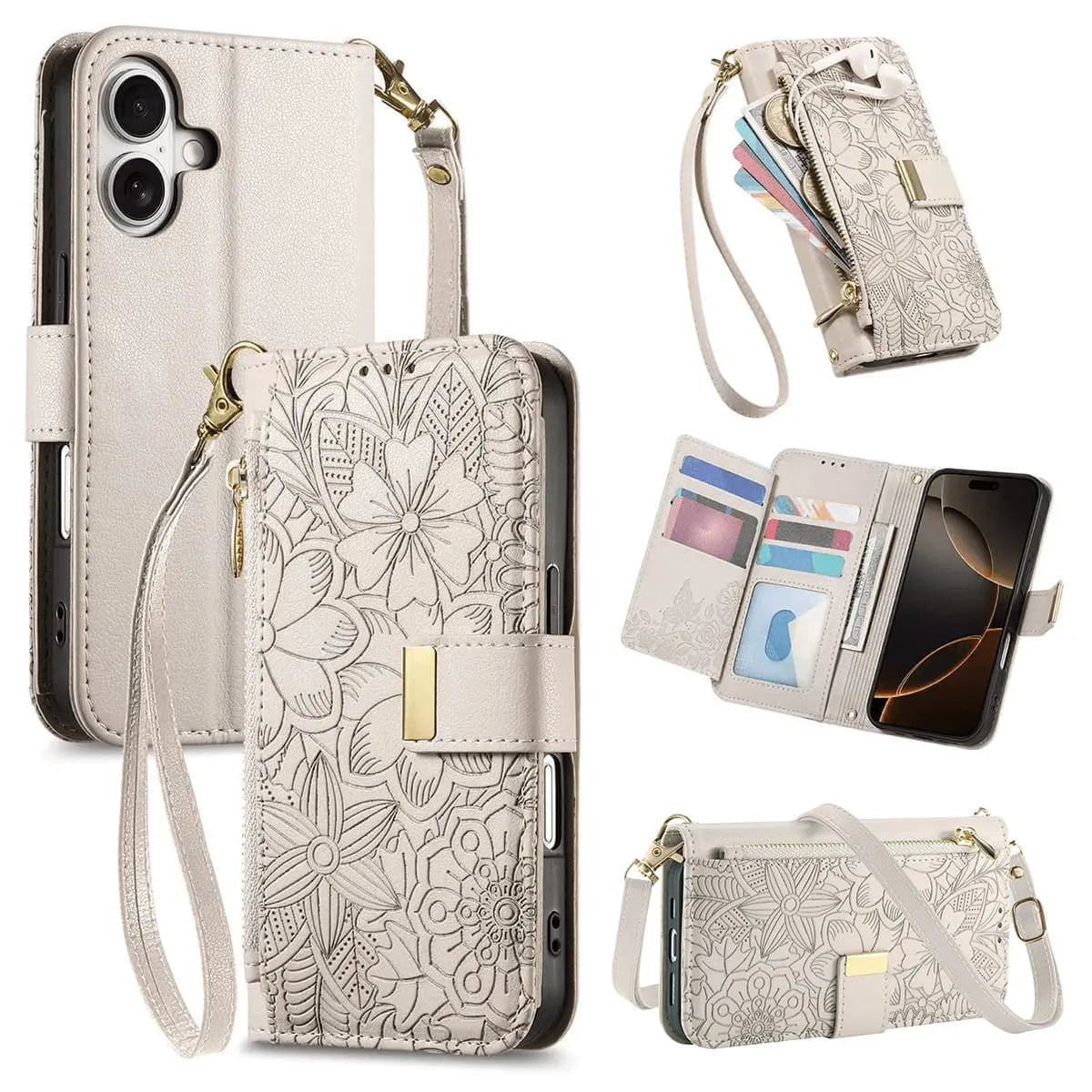 Buy PU Leather Wallet iPhone 17 Case with Card Slots, Wrist Strap, Stand, and Full Shockproof Protection, Willow at Caseles-iPhone 17 Pro Max, White