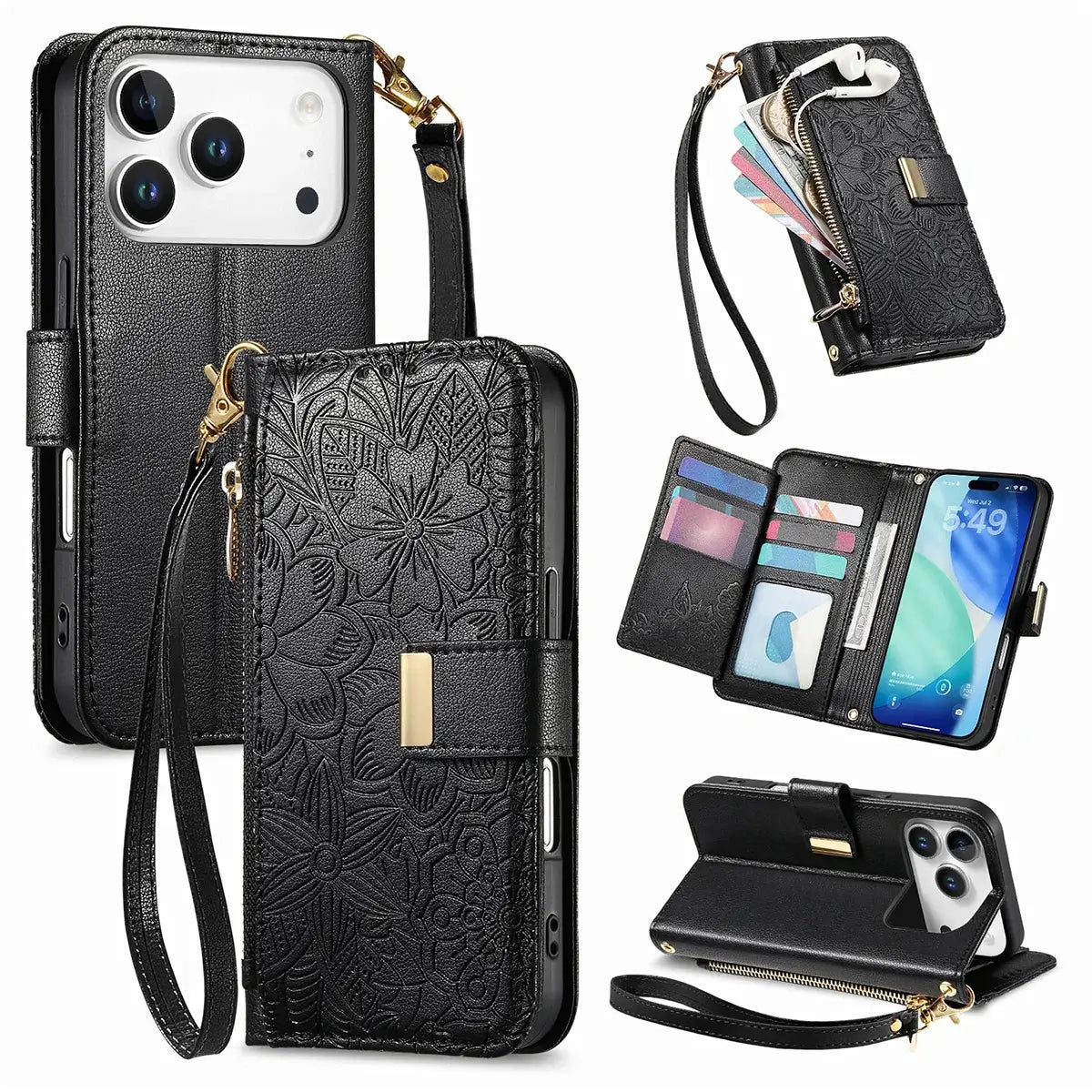 Buy PU Leather Wallet iPhone 17 Case with Card Slots, Wrist Strap, Stand, and Full Shockproof Protection, Willow at Caseles-iPhone 17 Pro Max, Black