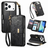 Buy PU Leather Wallet iPhone 17 Case with Card Slots, Wrist Strap, Stand, and Full Shockproof Protection, Willow at Caseles-iPhone 17 Pro Max, Black