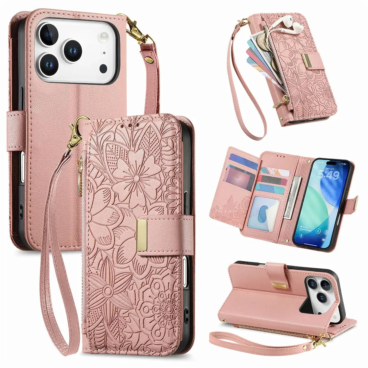 Buy PU Leather Wallet iPhone 17 Case with Card Slots, Wrist Strap, Stand, and Full Shockproof Protection, Willow at Caseles-iPhone 17 Pro Max, Pink