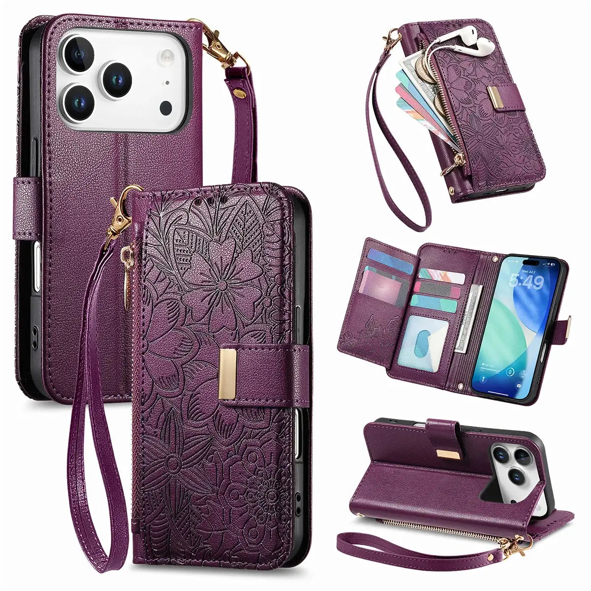 Buy PU Leather Wallet iPhone 17 Case with Card Slots, Wrist Strap, Stand, and Full Shockproof Protection, Willow at Caseles-iPhone 17 Pro Max, Purple