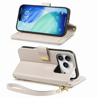 Buy PU Leather Wallet iPhone 17 Case with Card Slots, Wrist Strap, Stand, and Full Shockproof Protection, Willow at Caseles-iPhone 17 Pro Max, White