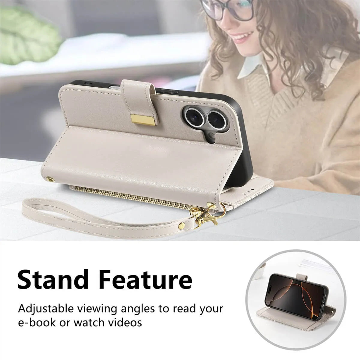 Buy PU Leather Wallet iPhone 17 Case with Card Slots, Wrist Strap, Stand, and Full Shockproof Protection, Willow at Caseles-iPhone 17 Pro Max, White
