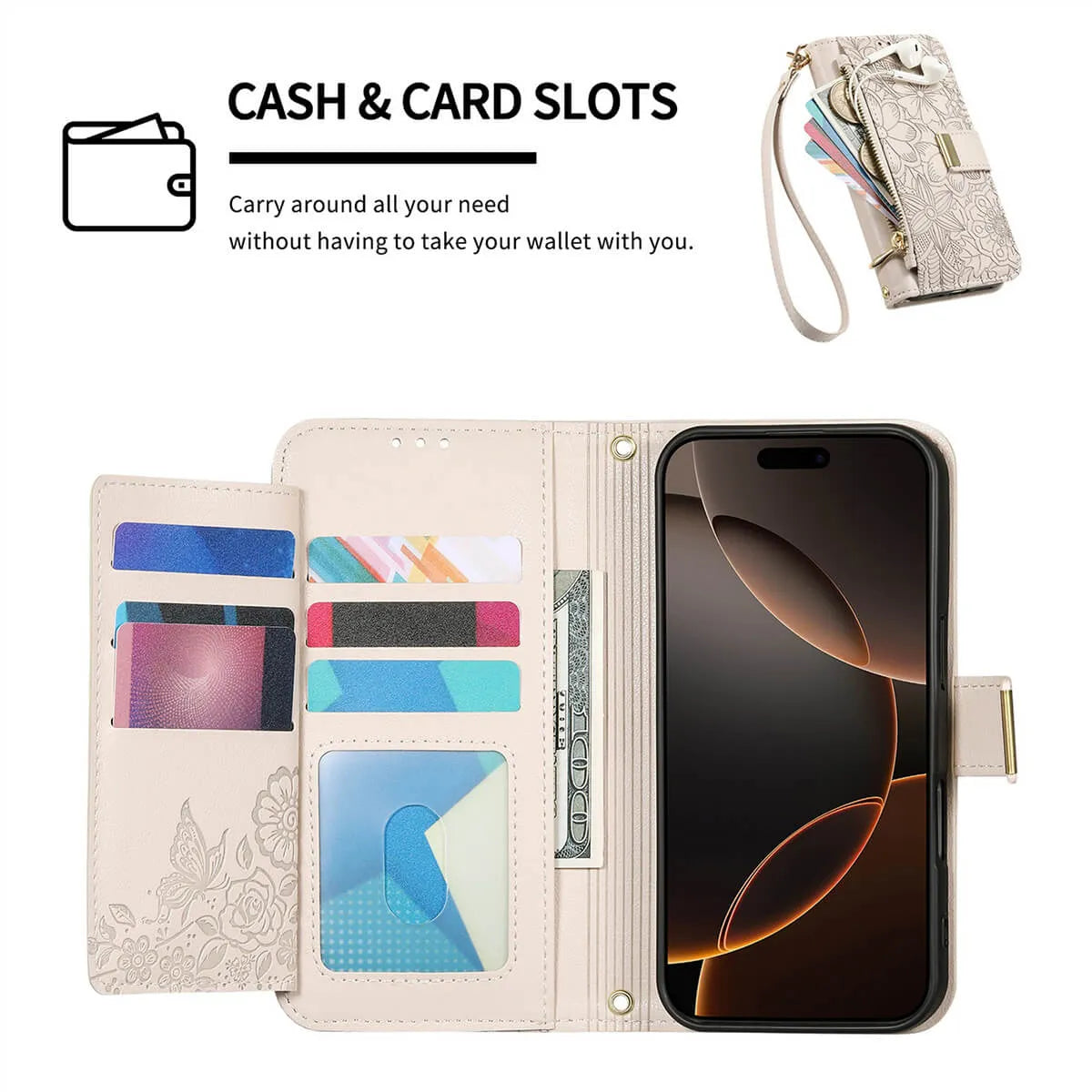 Buy PU Leather Wallet iPhone 17 Case with Card Slots, Wrist Strap, Stand, and Full Shockproof Protection, Willow at Caseles-iPhone 17 Pro Max, White
