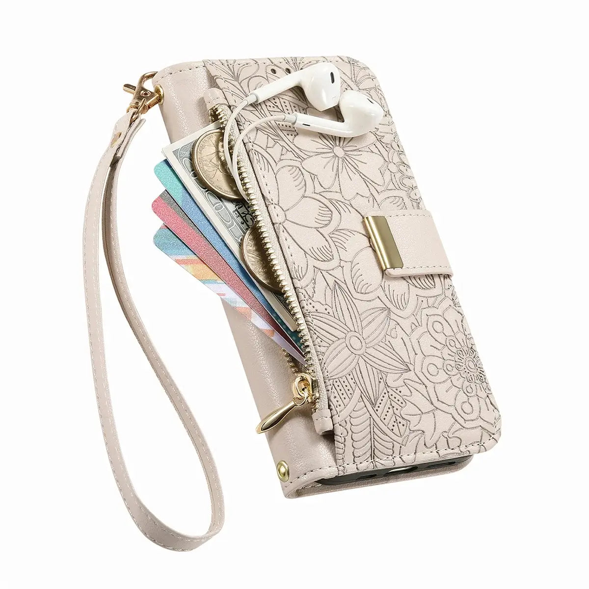 Buy PU Leather Wallet iPhone 17 Case with Card Slots, Wrist Strap, Stand, and Full Shockproof Protection, Willow at Caseles-iPhone 17 Pro Max, White