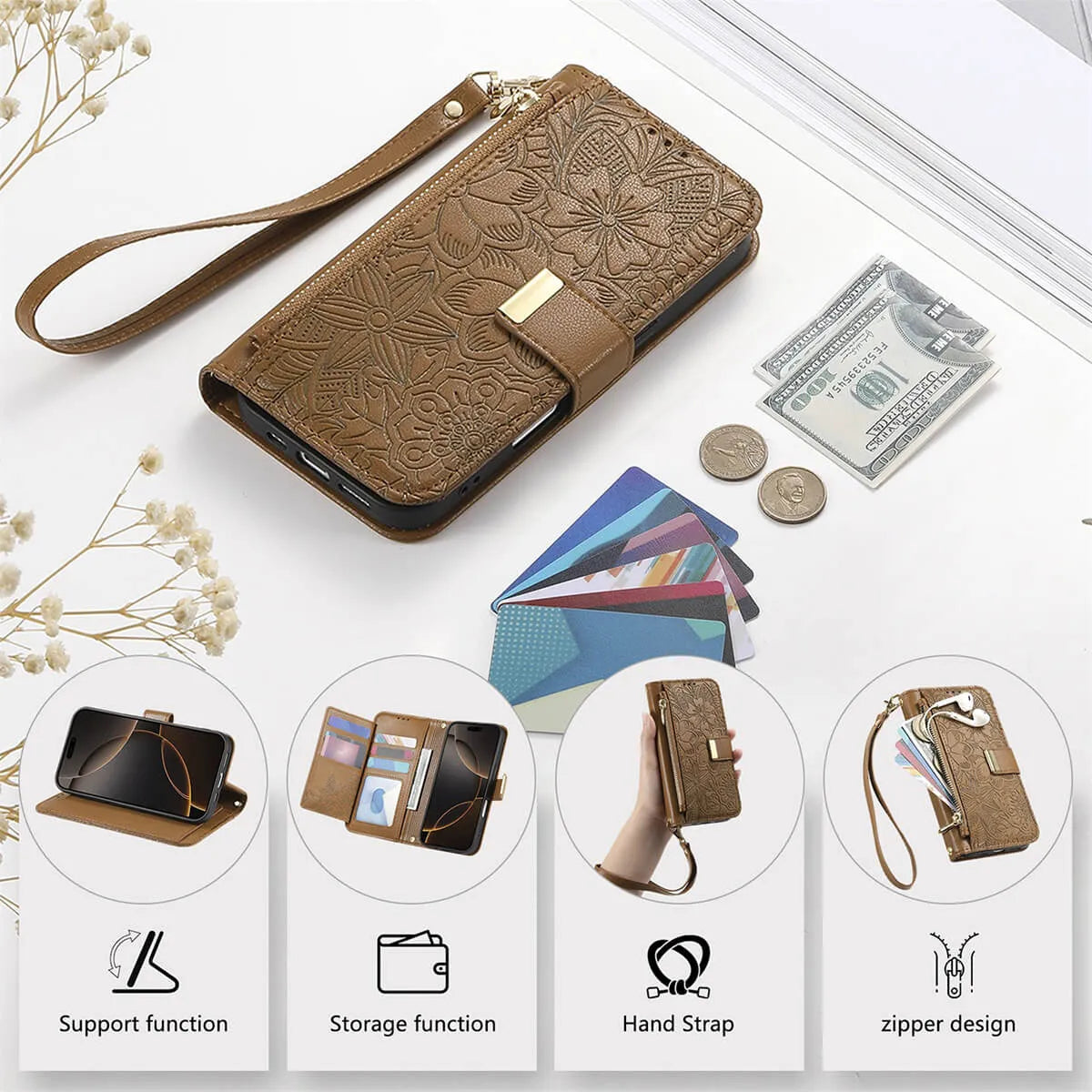 Buy PU Leather Wallet iPhone 17 Case with Card Slots, Wrist Strap, Stand, and Full Shockproof Protection, Willow at Caseles-iPhone 17 Pro Max, White