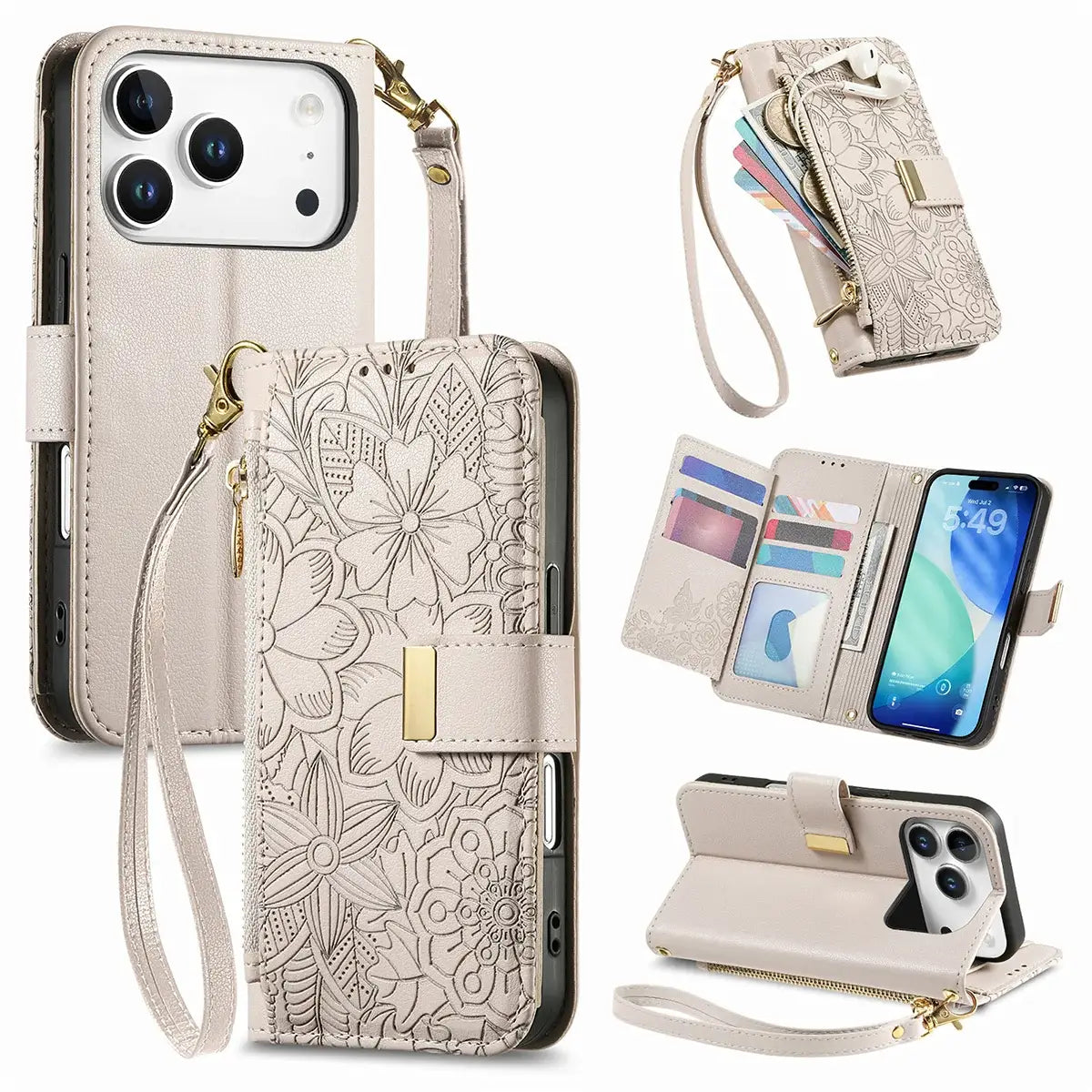 Buy PU Leather Wallet iPhone 17 Case with Card Slots, Wrist Strap, Stand, and Full Shockproof Protection, Willow at Caseles-iPhone 17 Pro Max, White