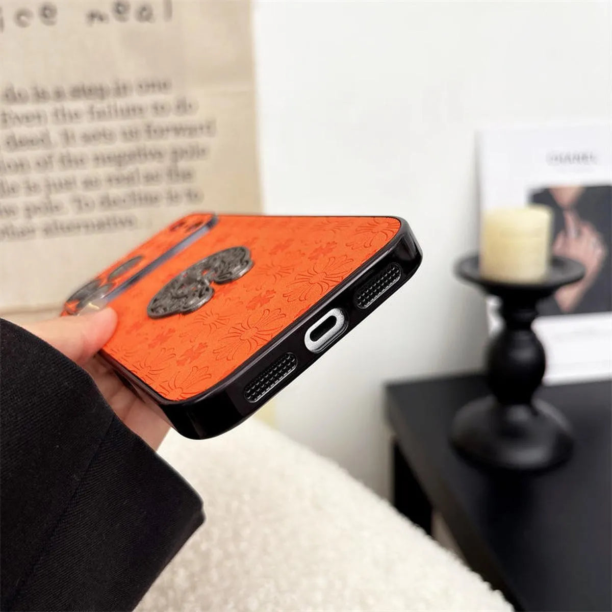 Buy Chrome Hearts Bold Orange Leather Case with Metal Emblem Design - Wilson at Caseles-iPhone 17 Pro Max, A