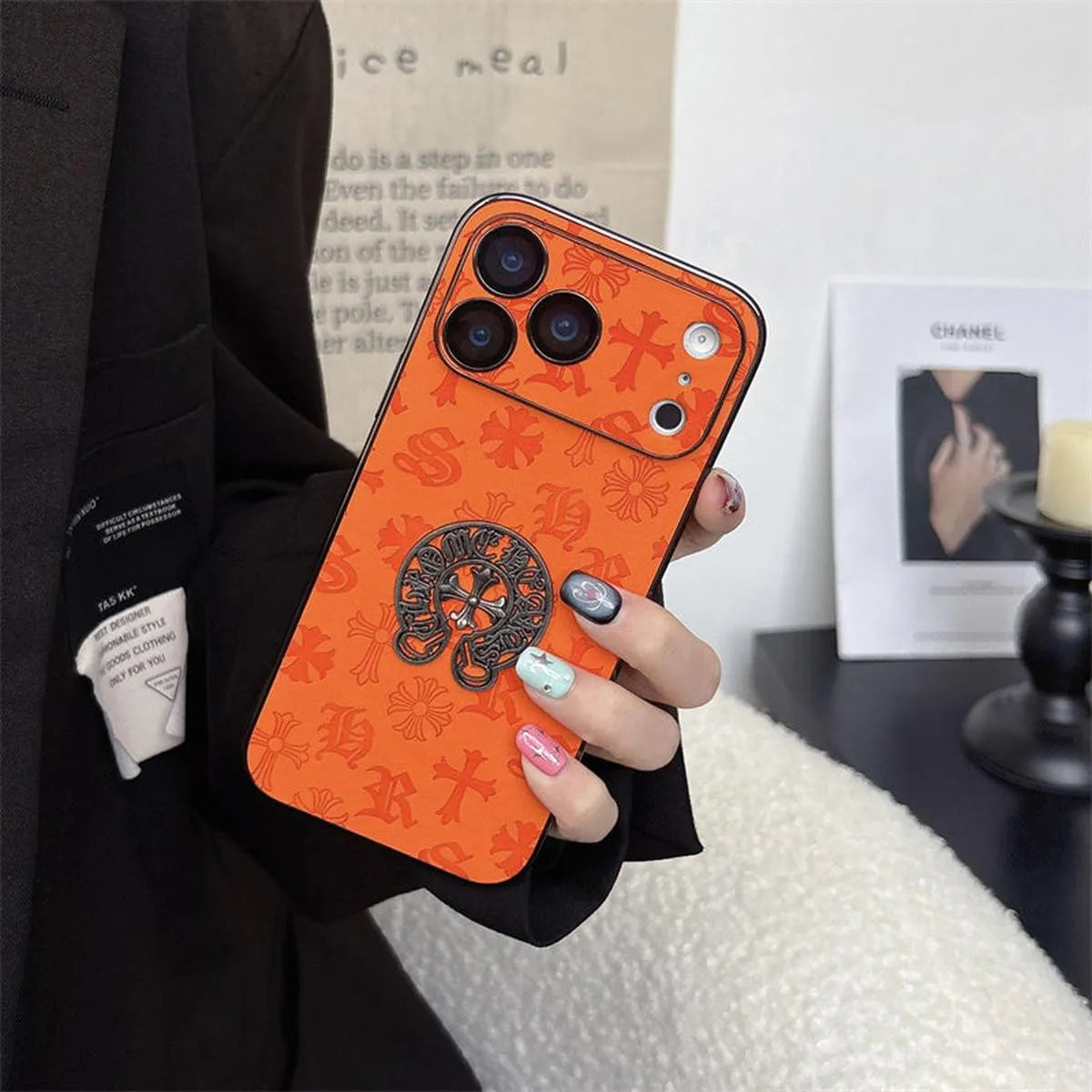 Buy Chrome Hearts Bold Orange Leather Case with Metal Emblem Design - Wilson at Caseles-iPhone 17 Pro Max, A